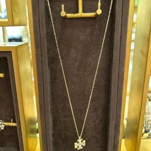 Tory Burch moondance gold  Tone pearl Pave large Logo Pendant Necklace -